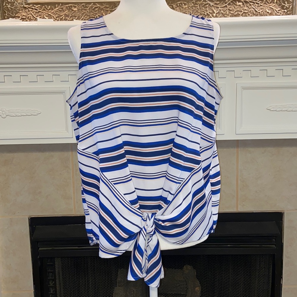 Liz Claiborne Sleeveless Striped Top with Front Waist Accent Tie
